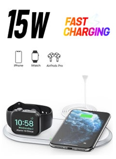 15W 2 in 1 Fast Wireless Charger with Stand for Apple iPhone 14 13 12 11 Pro Max/Pro/Mini Apple Watch 7/6/5/4/3/2 & AirPods Pro/2 & Qi Enable Smart Phone White