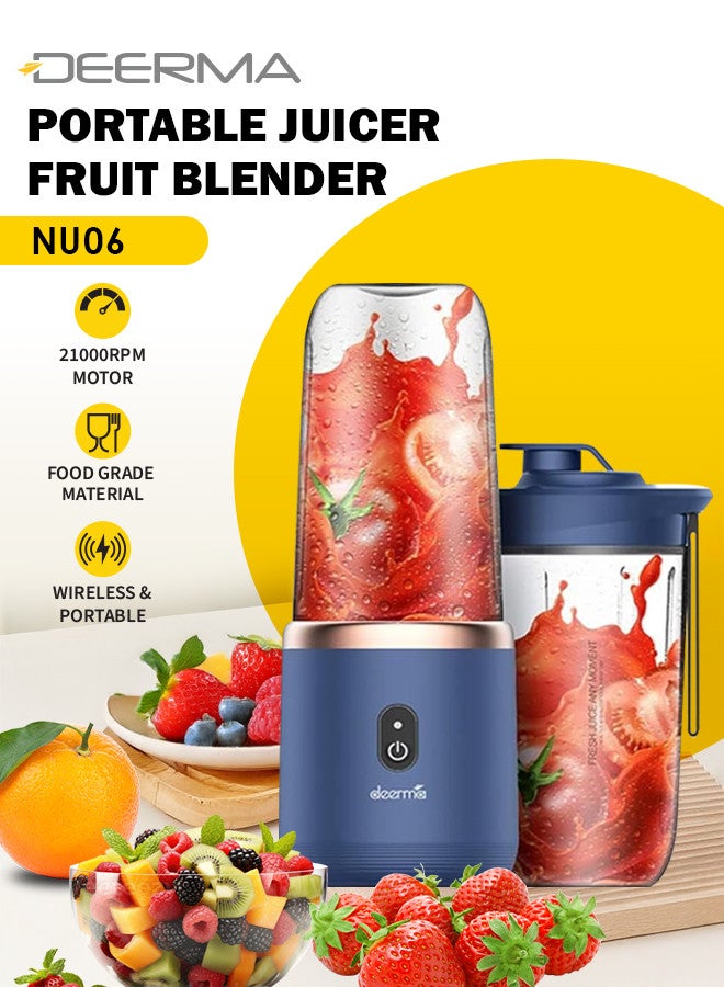 Deerma Portable and Compact Mini USB-Rechargeable Wireless  Juicer Cup  Blender  with Three Upgrades In Appearance, Performance And Battery Life for Superb Mixing Fuits and Vegetables 140 W NU06 Blue  - Image 1