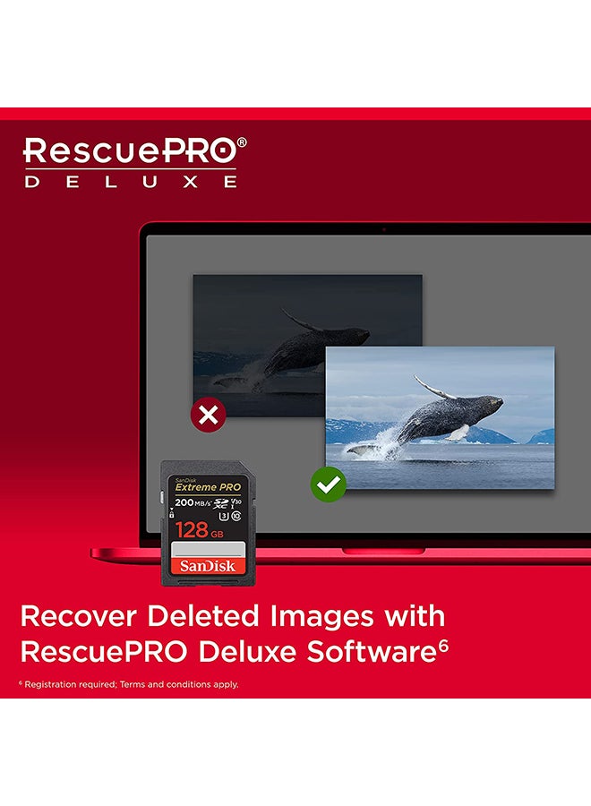 Sandisk - 128GB Extreme PRO SDXC card + RescuePRO Deluxe, up to 200MB/s, UHS I, Class 10, U3, V30 SDSDXXD 128G GN4IN 128 GB - Image 1