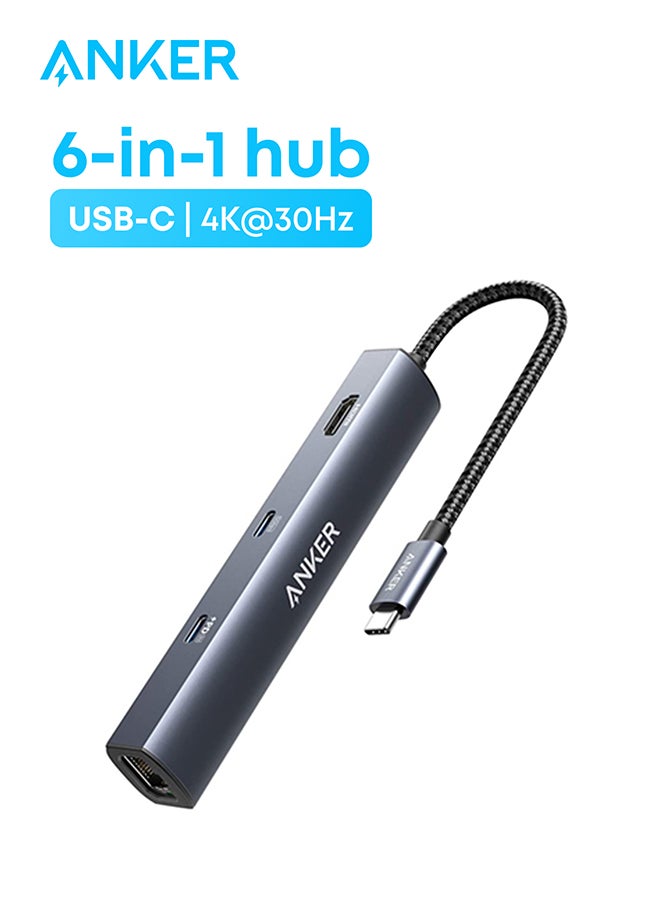 Anker USB C Hub, PowerExpand 6-in-1 USB C PD Ethernet Hub with 65W Power Delivery, 4K HDMI, 1Gbps Ethernet, USB-C Data Port, 2 USB 3.0 Data Ports, for MacBook Pro, MacBook Air, iPad Pro, XPS, and More Gray  - Image 1