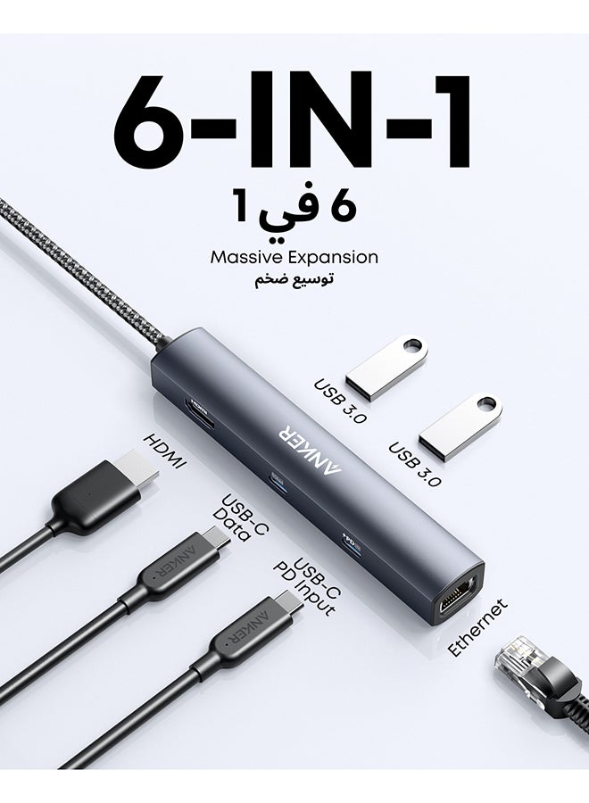 Anker USB C Hub, PowerExpand 6-in-1 USB C PD Ethernet Hub with 65W Power Delivery, 4K HDMI, 1Gbps Ethernet, USB-C Data Port, 2 USB 3.0 Data Ports, for MacBook Pro, MacBook Air, iPad Pro, XPS, and More Gray  - Image 2