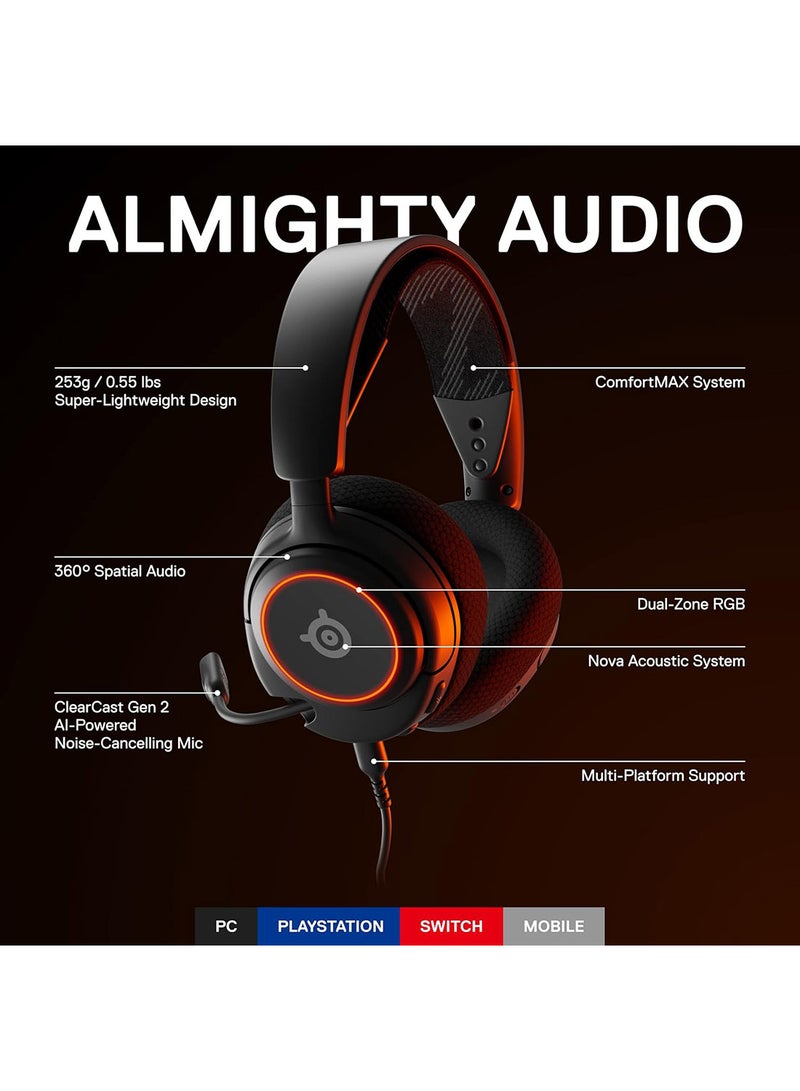 steelseries - Arctis Nova 3 Multi-System Gaming Headset, Hi-Fi Drivers, 360° Spatial Audio, RGB Lights, AirWeave Memory Foam Earcups, Lightweight, ClearCast Gen 2 Mic, For PC/PS5/PS4, Black | 61631 - Image 1