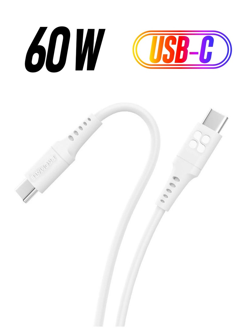 PROMATE 60W Power Delivery Ultra-Fast USB-C Soft Silicon Cable 2M White  - Image 1
