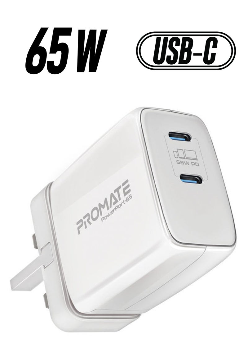 PROMATE - iPhone 15 Charger, 65W Super Speed GaNFast Charging Adapter with Dual USB Ports White White - Image 1