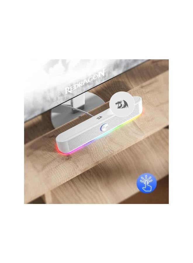 REDRAGON - GS560 RGB Desktop Soundbar, 2.0 Channel Computer Speaker with Dynamic Lighting Bar Audio-Light Sync/Display, Touch-Control Backlit with Volume Knob, USB Powered w/ 3.5mm Cable, White - Image 1