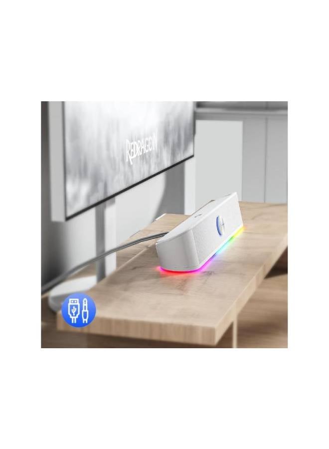 REDRAGON - GS560 RGB Desktop Soundbar, 2.0 Channel Computer Speaker with Dynamic Lighting Bar Audio-Light Sync/Display, Touch-Control Backlit with Volume Knob, USB Powered w/ 3.5mm Cable, White - Image 1