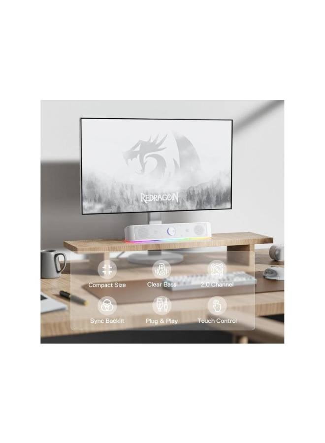 REDRAGON - GS560 RGB Desktop Soundbar, 2.0 Channel Computer Speaker with Dynamic Lighting Bar Audio-Light Sync/Display, Touch-Control Backlit with Volume Knob, USB Powered w/ 3.5mm Cable, White - Image 1