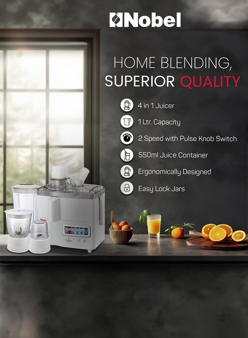 Nobel - 4 in 1 Juicer and Food Factory with 1 Litre Capacity and has Spinner Chopper & Dry Mill 400W 2 Speed - Pulse Grinder, Chopper, Blender, Juicer, Unbreakable Jar & Anti Slip Feet 1 L 400 W NJ176G4 White - Image 1