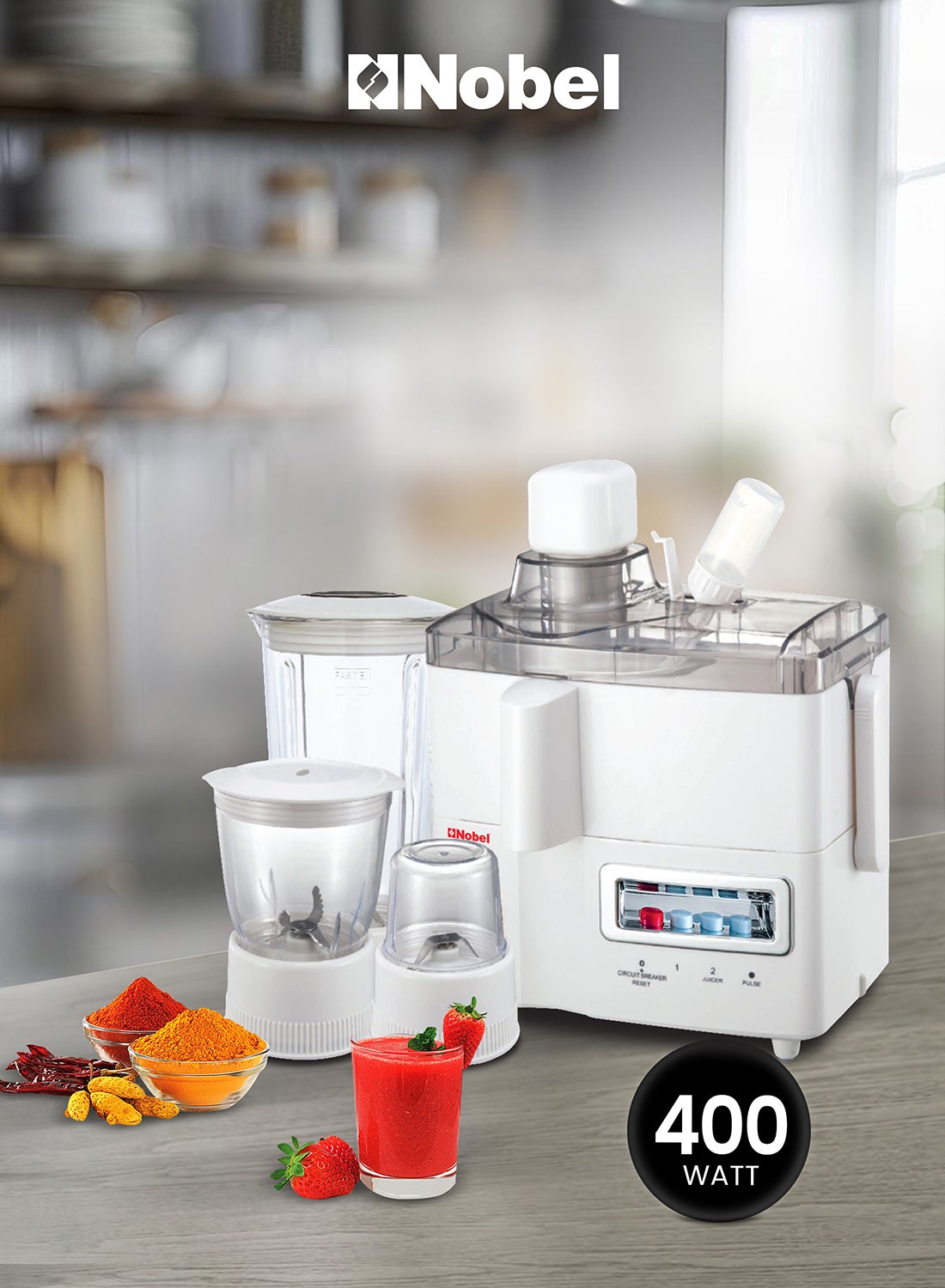 4-in-1 Food Processor Juicer Blender, Chopper & Dry Mill, Unbreakable Jar, 2-Speed with Pulse, Stainless Steel Blades 1 L 400 W NJ176G4 White