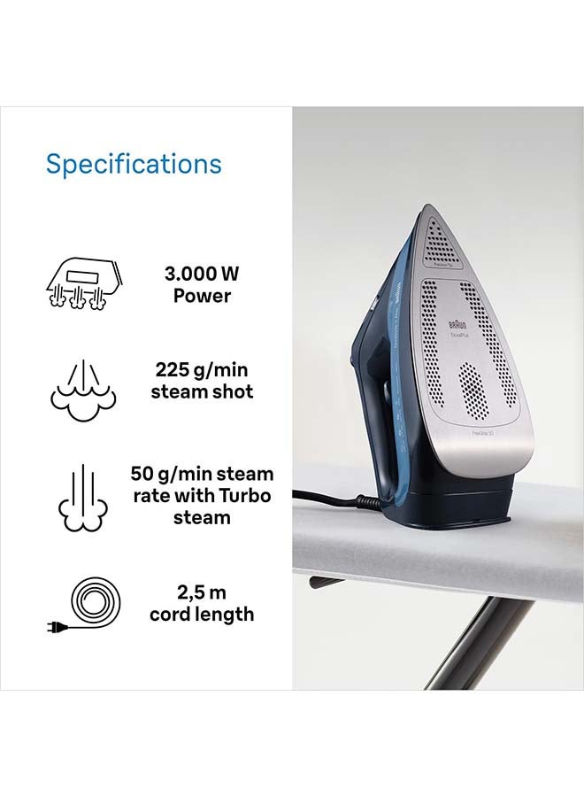 براون مكواة بخار، قاعدة ثلاثية الأبعاد، دفعة بخار 225 جرام في الدقيقة، مضادة للتقطير، تنظيف ذاتي، مضادة للتكلس 300 ml 3000 W SI7160BL أزرق - Image 3