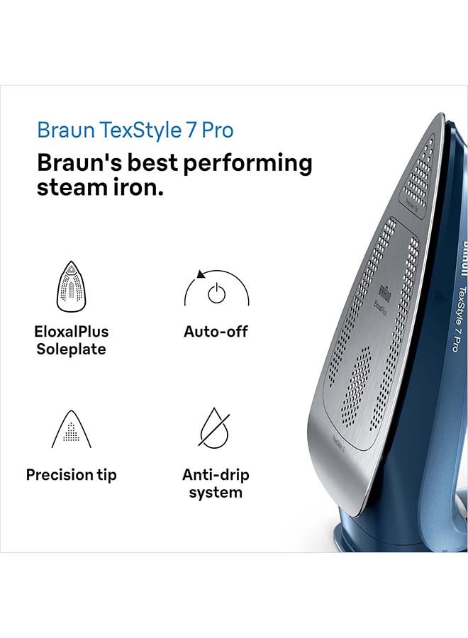 براون مكواة بخار، قاعدة ثلاثية الأبعاد، دفعة بخار 225 جرام في الدقيقة، مضادة للتقطير، تنظيف ذاتي، مضادة للتكلس 300 ml 3000 W SI7160BL أزرق - Image 2