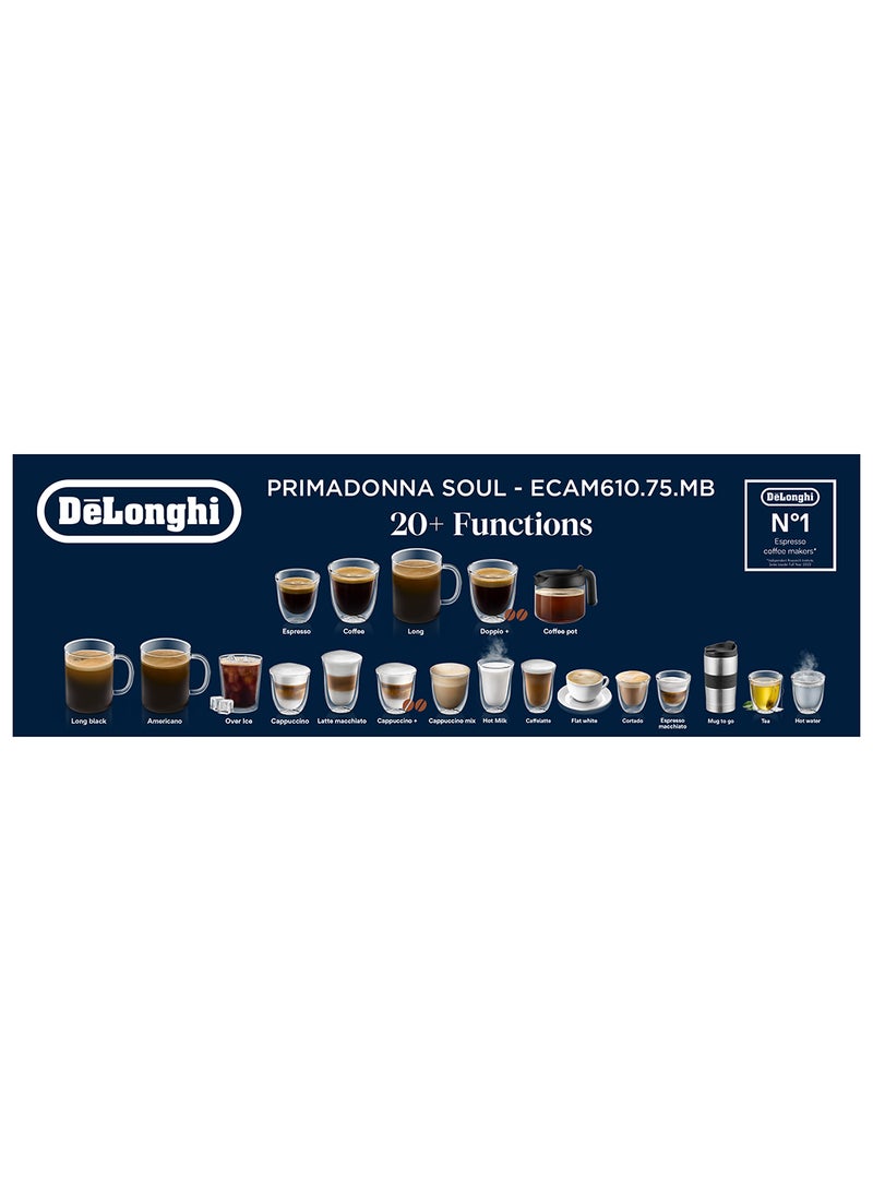 De'Longhi - PrimaDonna Soul, 19 Bar, Digital Display, Fully Automatic Coffee Machine, Automatic Milk Frother, Built In Grinder, 2 L 1450 W ECAM610.75.MB Silver - Image 1