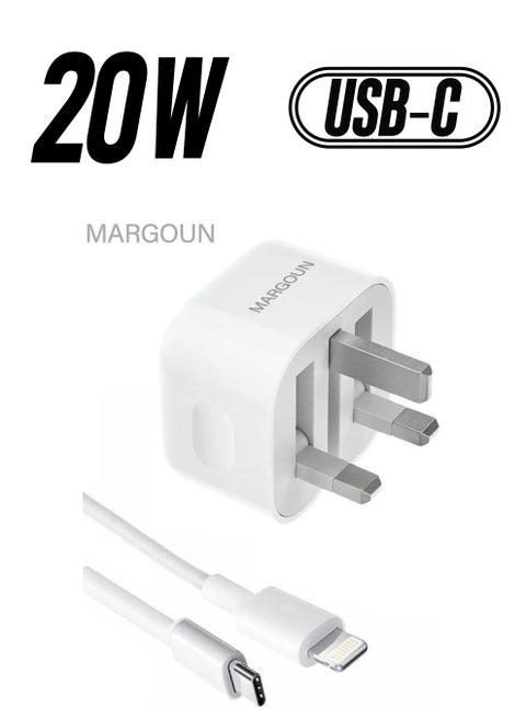 USB-C 20W Wall Charger Power Adapter with Lightning to USB-C Cable 1m Fast Charge Travel Adapter with Foldable Pins White