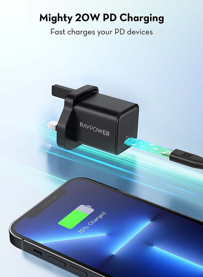 RAVPOWER Pioneer 20W Wall Charger with PD Technology - Black - Image 1