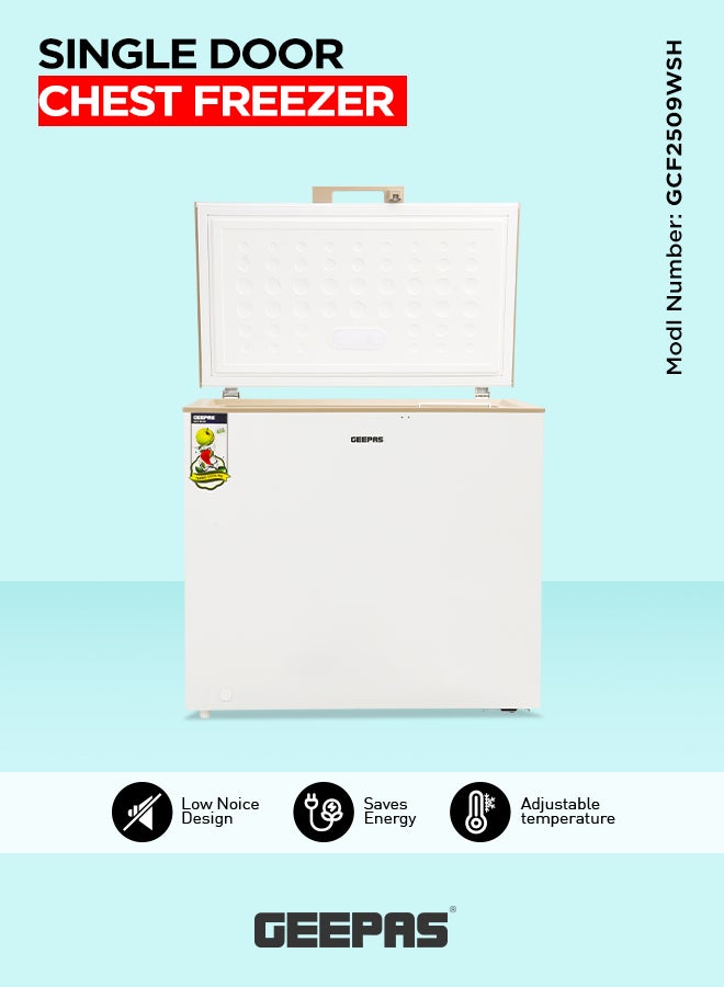 GEEPAS Chest Freezer With Adjustable Thermostat/Portable Food Basket/Compact Refrigerator With LED Light/Lock & Key/High-Efficiency Monolithic Foaming 200 L 130 W GCF2509WSH White 