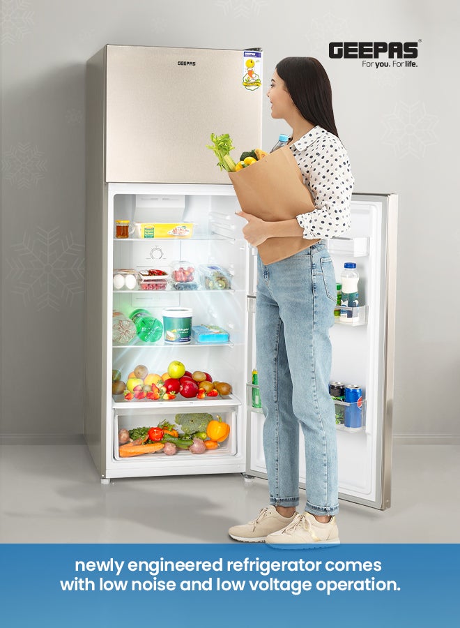 GEEPAS - Double Door No-Frost Refrigerator with 348L Gross Capacity ( Freezer 78L/Refrigerator 270L), Multi-Airflow, Low Noise Operation, Spacious Storage GRF4122SSXN Silver - Image 1