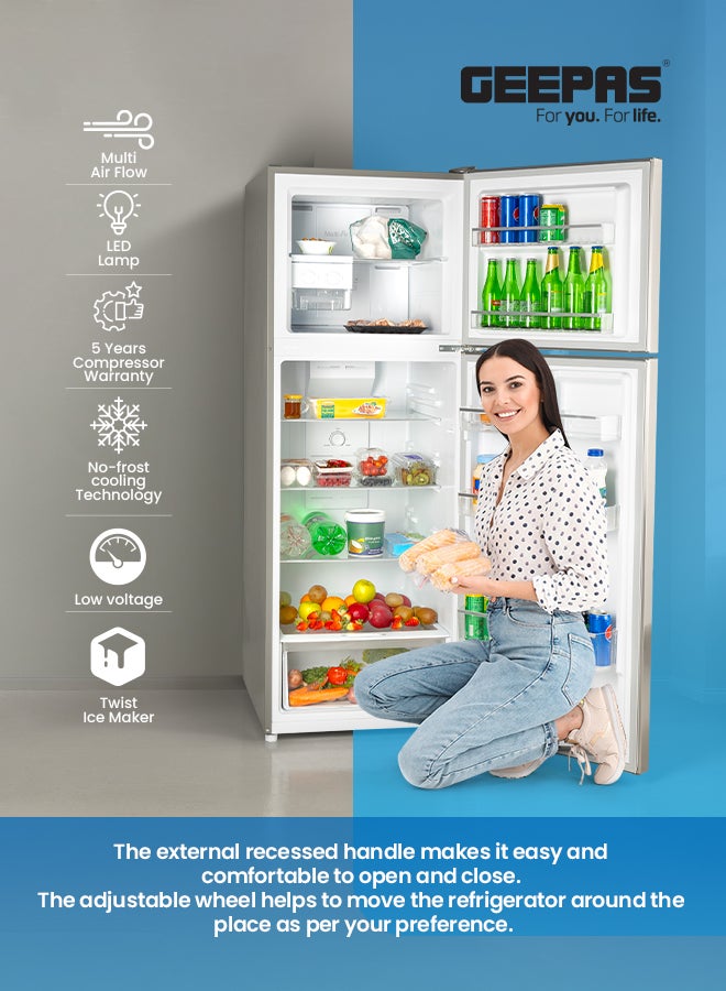 GEEPAS - Double Door No-Frost Refrigerator with 348L Gross Capacity ( Freezer 78L/Refrigerator 270L), Multi-Airflow, Low Noise Operation, Spacious Storage GRF4122SSXN Silver - Image 1