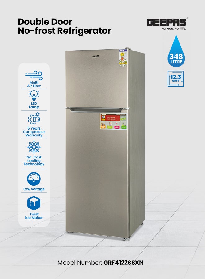 GEEPAS - Double Door No-Frost Refrigerator with 348L Gross Capacity ( Freezer 78L/Refrigerator 270L), Multi-Airflow, Low Noise Operation, Spacious Storage GRF4122SSXN Silver - Image 1
