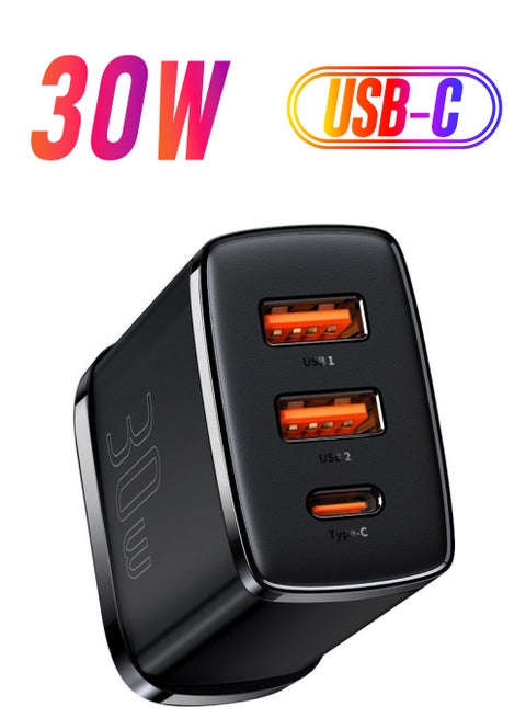 USB C Charger Plug, 30W USB Charger 3-Port Multi USB Charger Fast Charging Type C PD Power Adapter for Samsung S21, S23, S22 Ultra, S10, A13, iPhone 15/14/13/12/11 Pro Max/ XR/ 8, iPad, Google Pixel Black