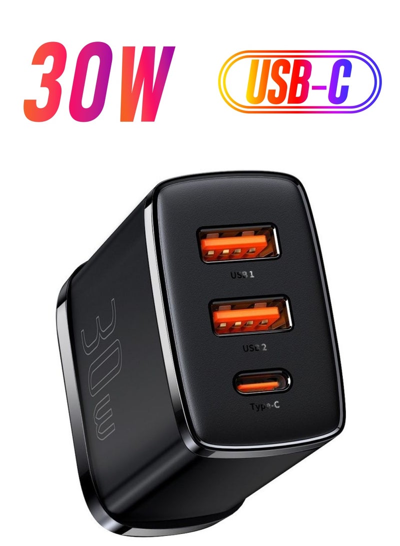 Baseus USB C Charger Plug, 30W USB Charger 3-Port Multi USB Charger Fast Charging Type C PD Power Adapter for Samsung S21, S23, S22 Ultra, S10, A13, iPhone 15/14/13/12/11 Pro Max/ XR/ 8, iPad, Google Pixel Black  - Image 1