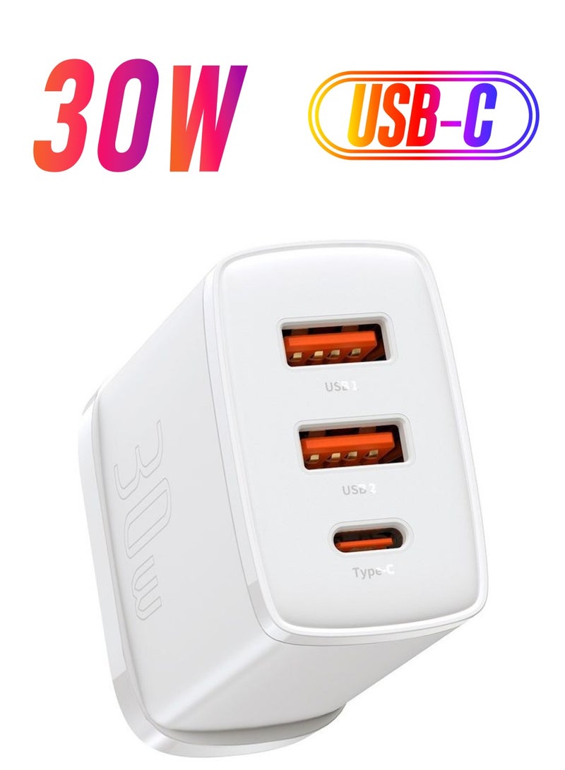 Baseus USB C Charger Plug, 30W USB Charger 3-Port Multi USB Charger Fast Charging Type C PD Power Adapter for Samsung S21, S23, S22 Ultra, S10, A13, iPhone 15/14/13/12/11 Pro Max/ XR/ 8, iPad, Google Pixel White - Image 1