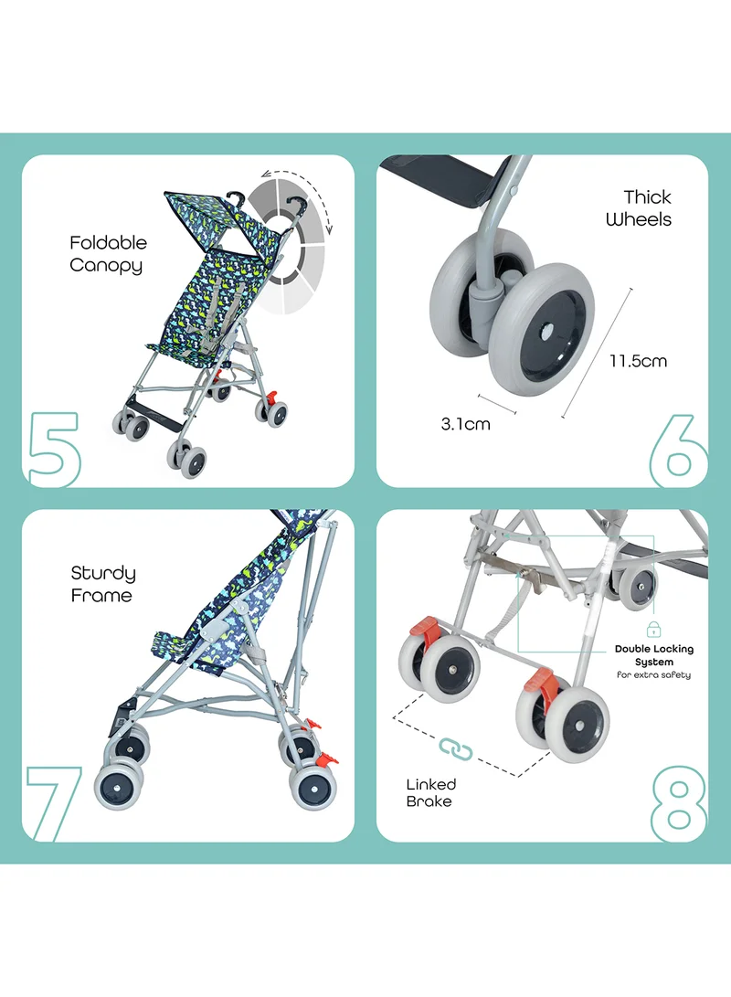 Moon Jet Baby Stroller – Lightest Buggy, Umbrella Fold, Wide Canopy, Compact, Travel-Friendly, Suitable 6m to 3yrs – Printed Dino