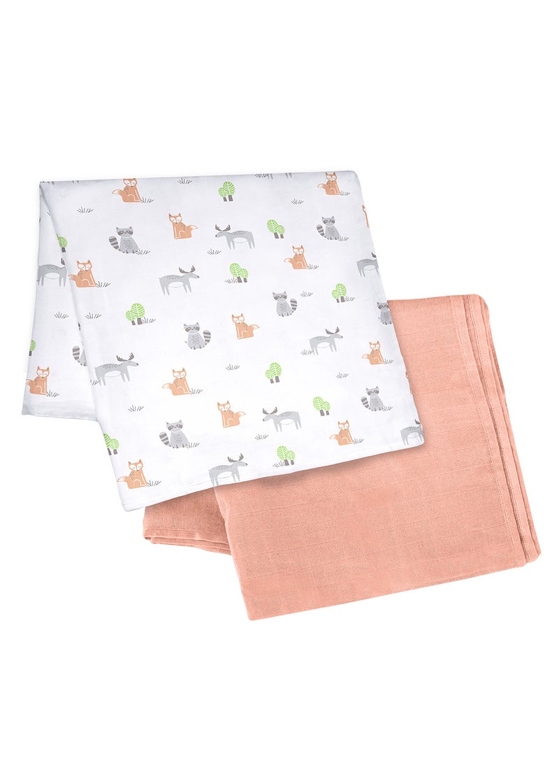 Moon Bamboo Muslin Wrap Swaddle Pack Of 2 Forest Print And Peach  - Image 1