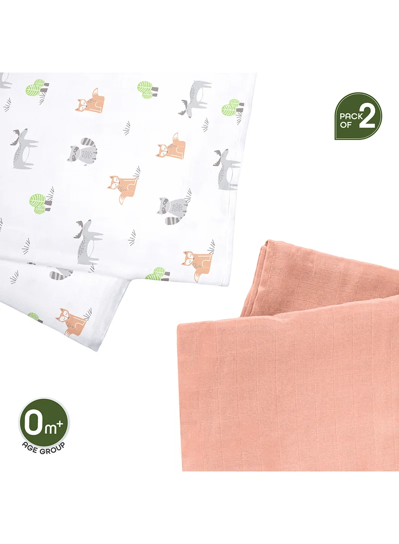 Moon Bamboo Muslin Wrap Swaddle Pack Of 2 Forest Print And Peach