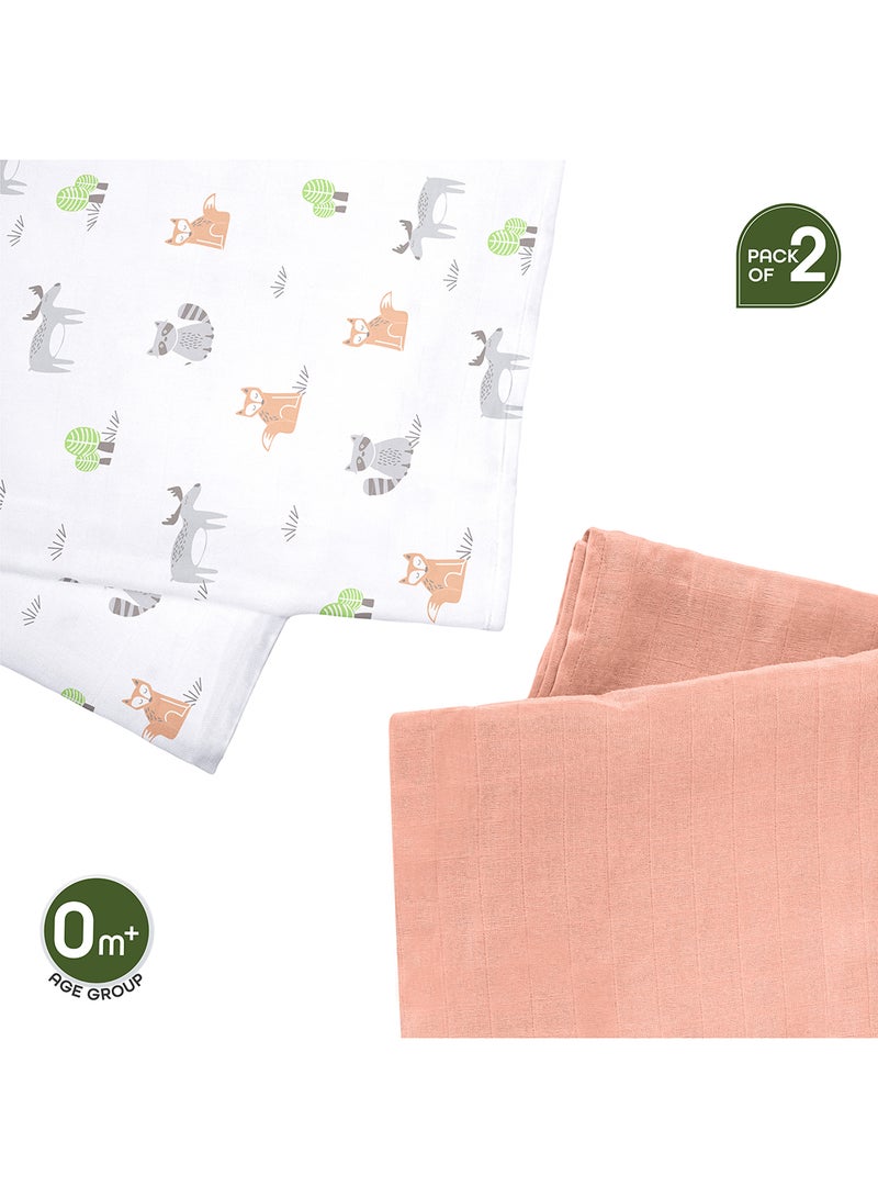 Moon Bamboo Muslin Wrap Swaddle Pack Of 2 Forest Print And Peach  - Image 3