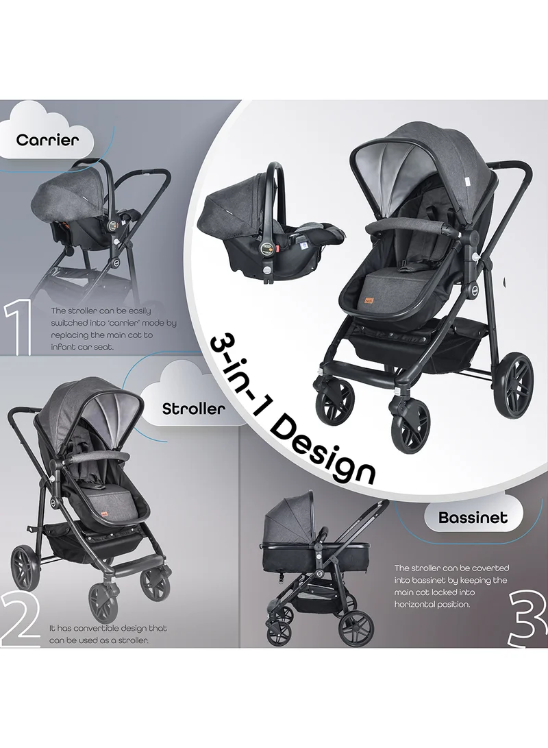 Moon Tres Baby Stroller 3-in-1 Carriage Travel System – Convertible Infant Stroller, Up to 22kg, Suitable 0m+ – Grey