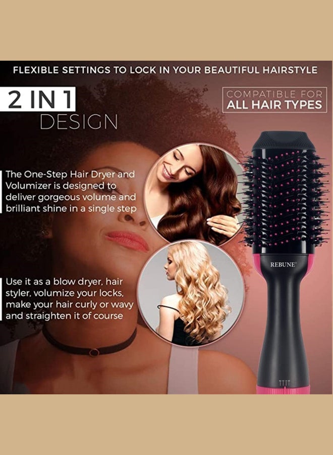 REBUNE - 1200W Hot Air Styler New Hair Styler One-Step Volumizer Negative Ionic Technology Hair Dryer and Hot Air Brush Black/Pink - Image 1