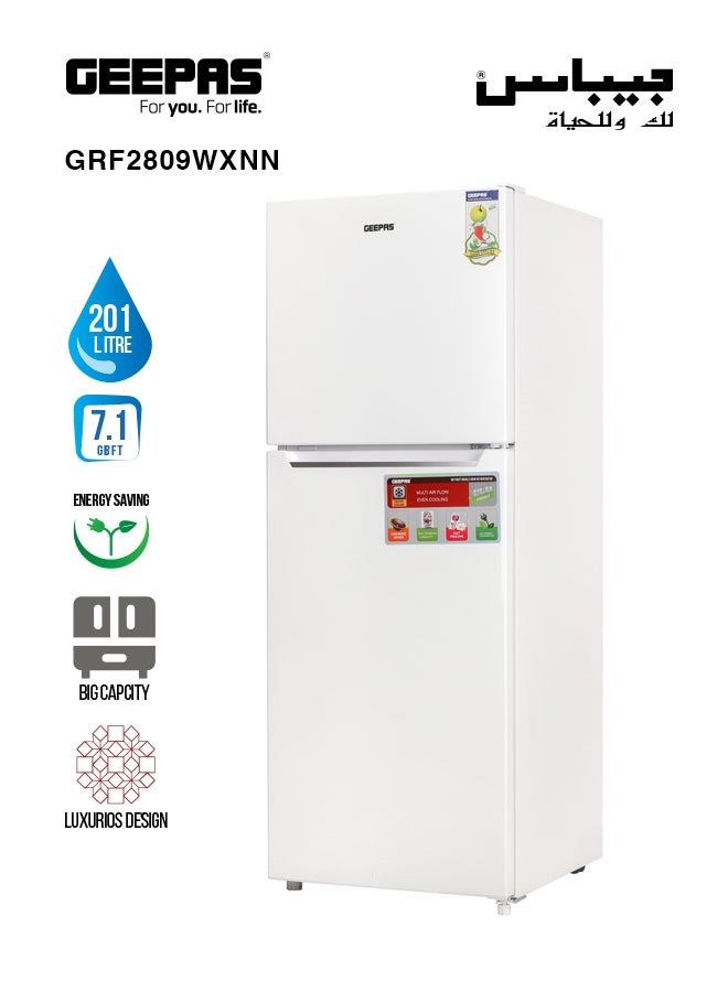 GEEPAS Double Door No-Frost Refrigerator 7.1 Cu.Ft 252 kW GRF2809WXNN White 