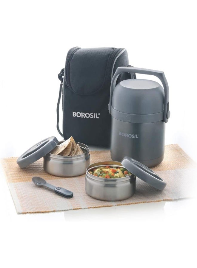 Borosil - Hot-N-Fresh Stainless Steel Insulated Lunch Box, 1.3L, Grey Silver 16x16x25cm - Image 1