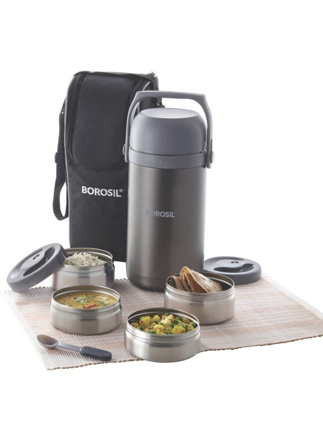 Borosil - Hot-N-Fresh Stainless Steel Insulated Lunch Box, Set of 4 (2pcs 350 ml + 2pcs 420 ml), Grey Silver - Image 1