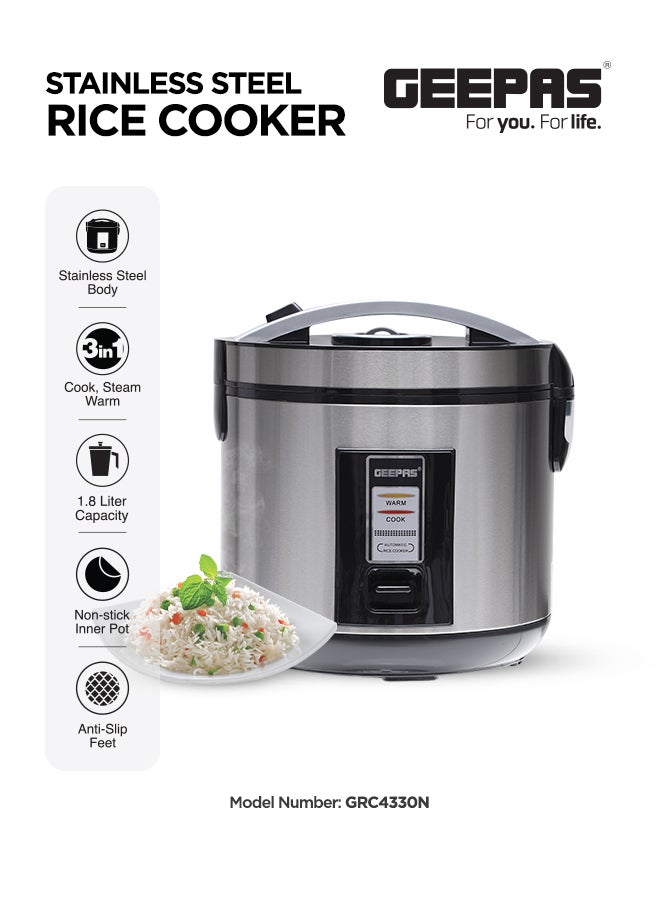 GEEPAS Automatic Rice Cooker With Non Stick Inner Pot, Stainless Steel Body And Plastic Steamer, Cook/Steam/Keep Warm Functions 1.8 L 762 W GRC4330N Silver/Black  - Image 1