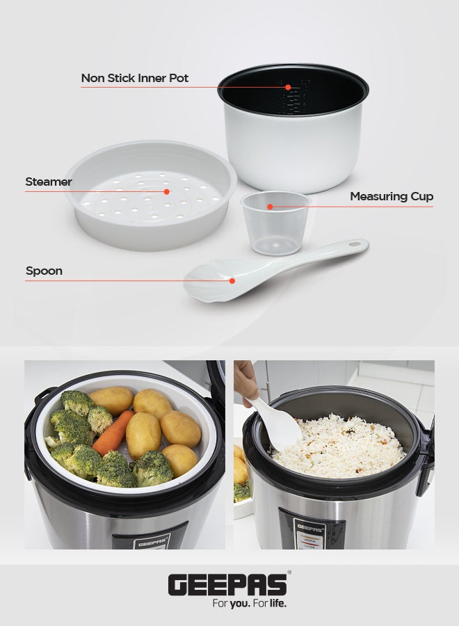 GEEPAS - Automatic Rice Cooker With Non Stick Inner Pot, Stainless Steel Body And Plastic Steamer, Cook/Steam/Keep Warm Functions 1.8 L 762 W GRC4330N Silver/Black - Image 1