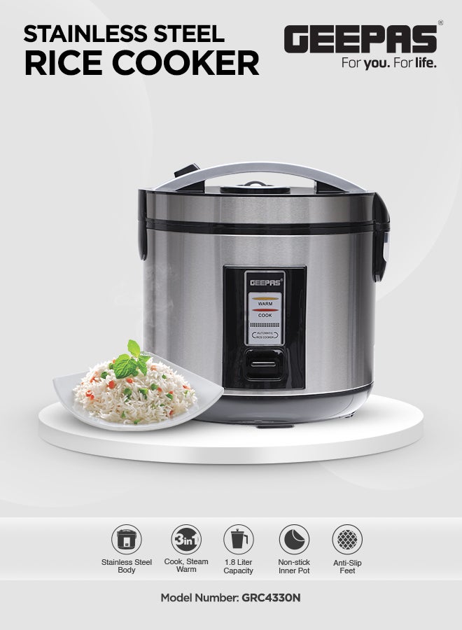 GEEPAS Automatic Rice Cooker With Non Stick Inner Pot, Stainless Steel Body And Plastic Steamer, Cook/Steam/Keep Warm Functions 1.8 L 762 W GRC4330N Silver/Black  - Image 2