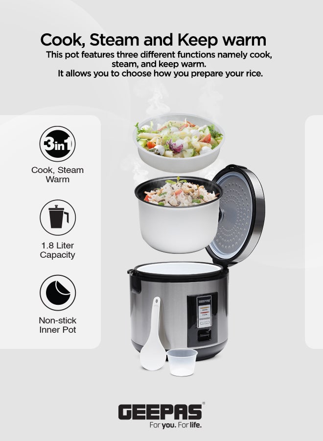 GEEPAS Automatic Rice Cooker With Non Stick Inner Pot, Stainless Steel Body And Plastic Steamer, Cook/Steam/Keep Warm Functions 1.8 L 762 W GRC4330N Silver/Black  - Image 5