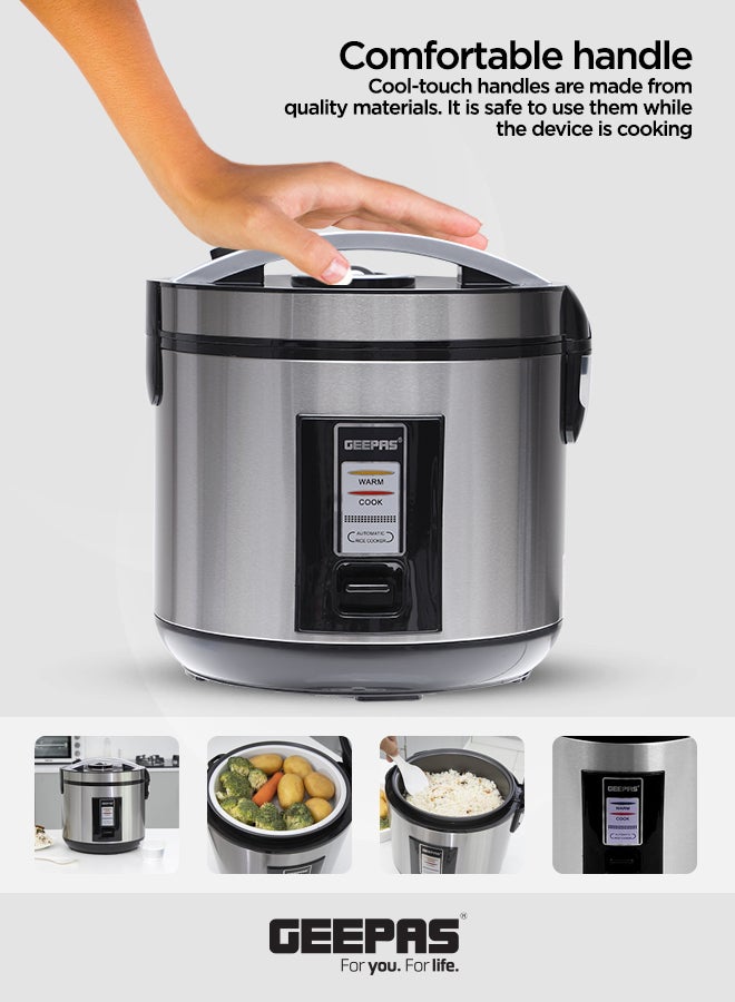 GEEPAS Automatic Rice Cooker With Non Stick Inner Pot, Stainless Steel Body And Plastic Steamer, Cook/Steam/Keep Warm Functions 1.8 L 762 W GRC4330N Silver/Black  - Image 3