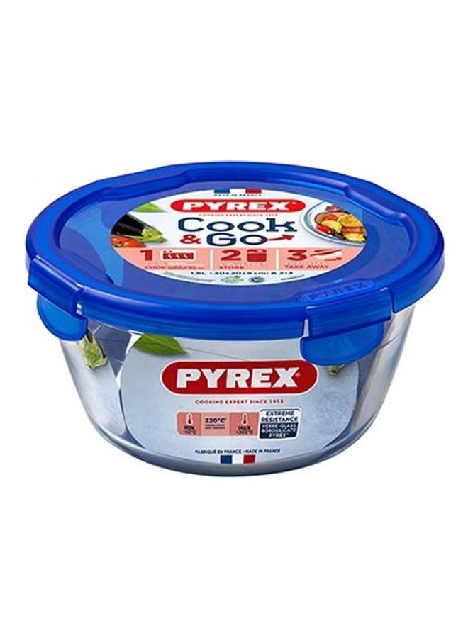 PYREX Cook And Go Round Glass Food Storage Container/Roaster With Airtight And Leakproof 4 Clip Locking Lid Blue 20x20x9cm  - Image 1
