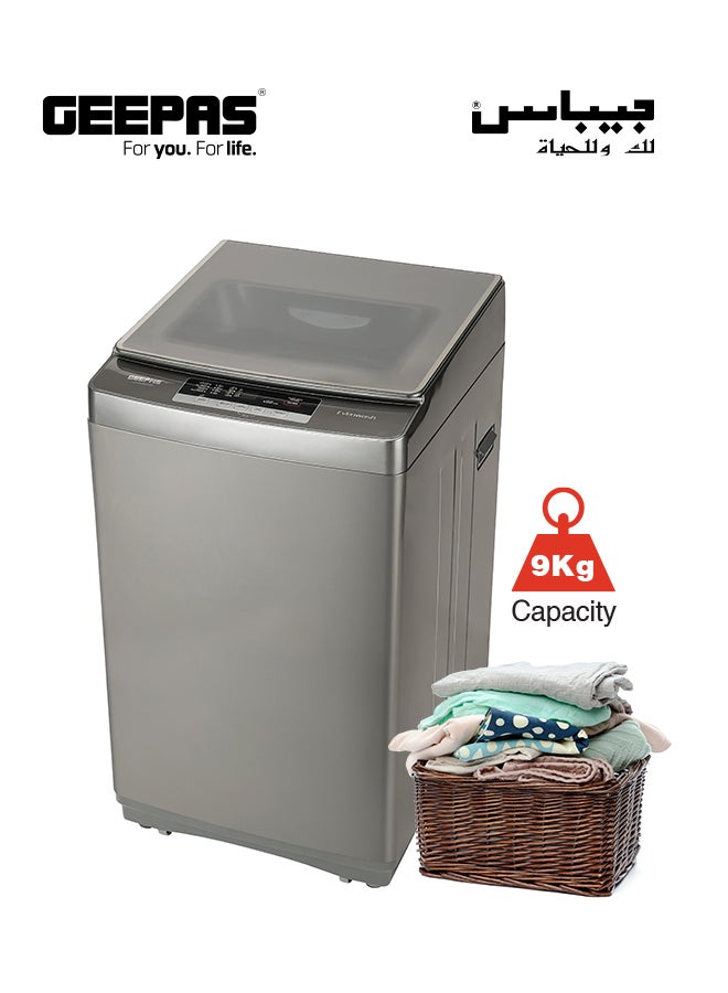 GEEPAS Fully Automatic Top Load Washing Machine With Durable Body/Highly Efficient/Premium Design/LED Digital Display/Diamond Drum For Better Cleaning 9 Kg 540 W GFWM1090SCXN Silver 