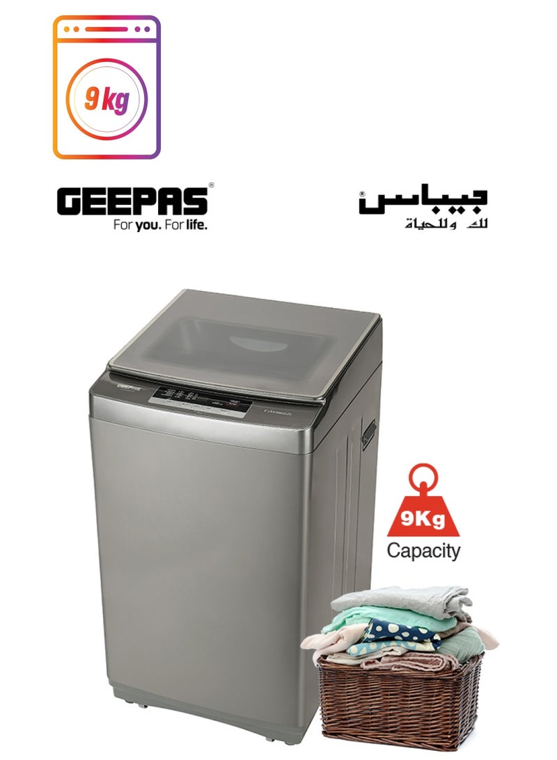 GEEPAS - Fully Automatic Top Load Washing Machine With Durable Body/Highly Efficient/Premium Design/LED Digital Display/Diamond Drum For Better Cleaning 9 Kg 9 kg 540 W GFWM1090SCXN Silver - Image 1