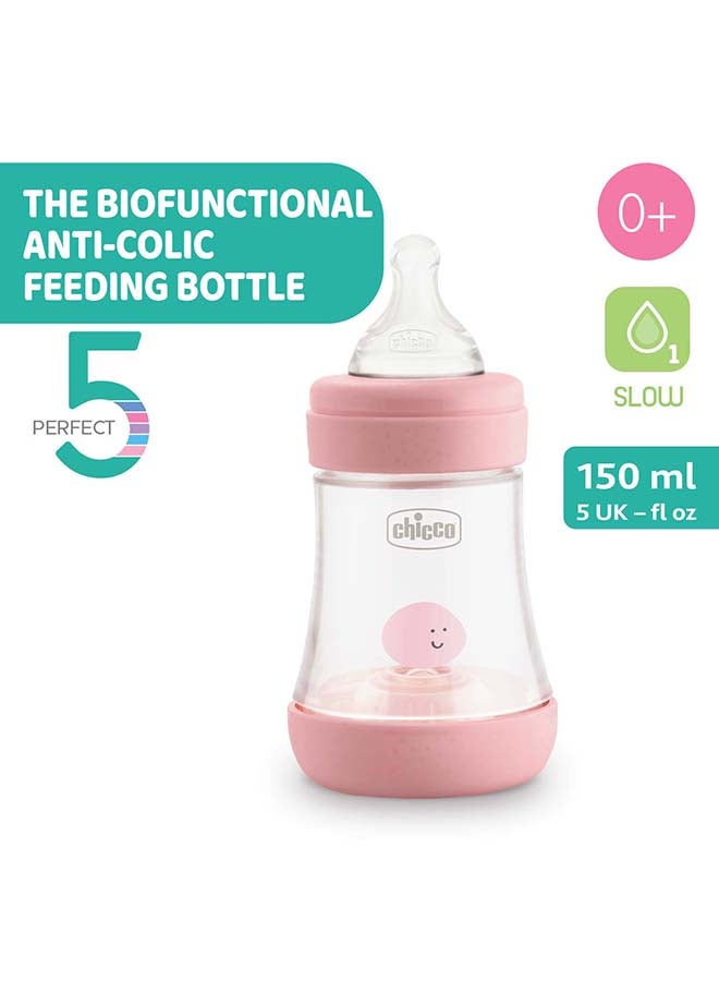 Chicco - Perfect 5 Feeding Bottle 150Ml Slow Flow 0M+ Silicone, Pink - Image 1
