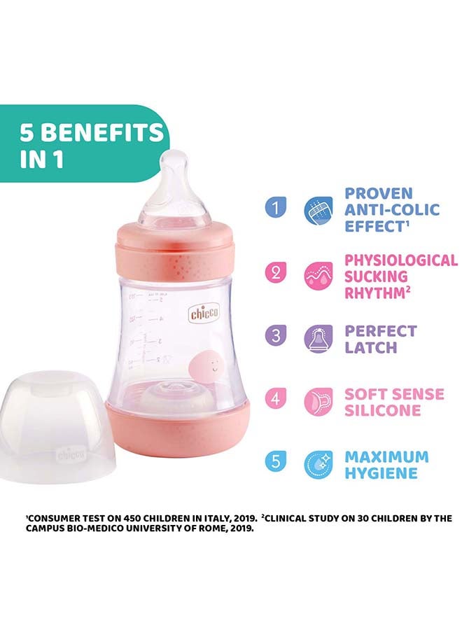 Chicco - Perfect 5 Feeding Bottle 150Ml Slow Flow 0M+ Silicone, Pink - Image 1