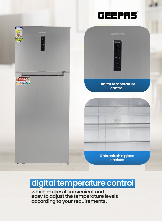 GEEPAS - Double Door No-Frost Refrigerator - 420L Gross Capacity (Freezer 95L/Refrigerator 325L), Multi-Airflow with Digital Temperature Control/ LED Interior Light and Unbreakable Glass Shelves/Large Crisper Drawer and Humidity Control 130 W GRF5202SXHN Silver - Image 1