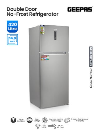 Double Door No-Frost Refrigerator - 420L Gross Capacity (Freezer 95L/Refrigerator 325L), Multi-Airflow with Digital Temperature Control/ LED Interior Light and Unbreakable Glass Shelves/Large Crisper Drawer and Humidity Control 130 W GRF5202SXHN Silver - pnsku/N53357589A/45/_/1723478911/a16c4fe6-ac7d-4cd1-9c09-d20996abca50