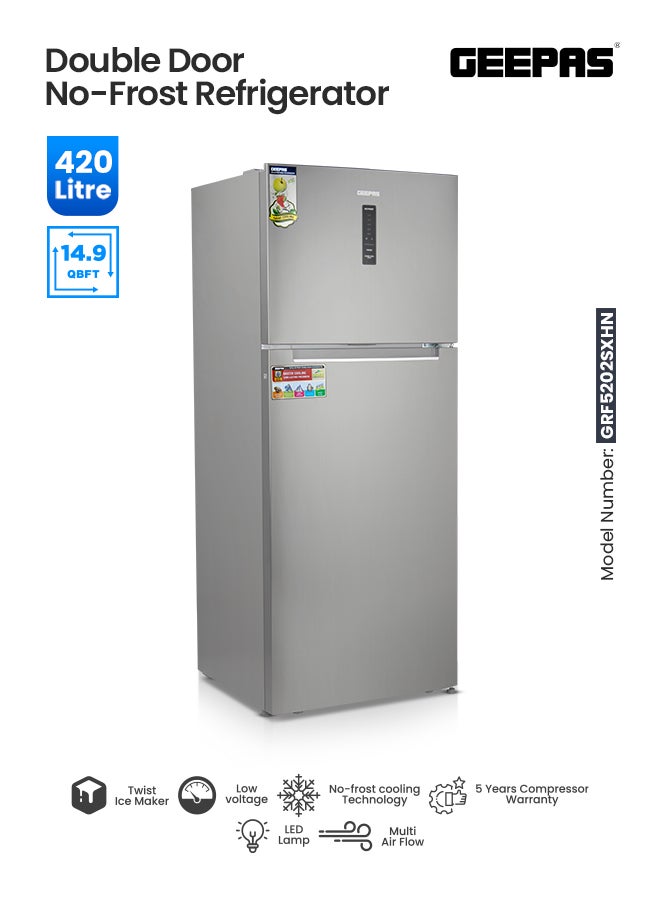 GEEPAS - Double Door No-Frost Refrigerator - 420L Gross Capacity (Freezer 95L/Refrigerator 325L), Multi-Airflow with Digital Temperature Control/ LED Interior Light and Unbreakable Glass Shelves/Large Crisper Drawer and Humidity Control 130 W GRF5202SXHN Silver - Image 1