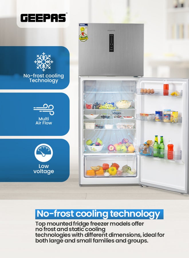 GEEPAS - Double Door No-Frost Refrigerator - 420L Gross Capacity (Freezer 95L/Refrigerator 325L), Multi-Airflow with Digital Temperature Control/ LED Interior Light and Unbreakable Glass Shelves/Large Crisper Drawer and Humidity Control 130 W GRF5202SXHN Silver - Image 1