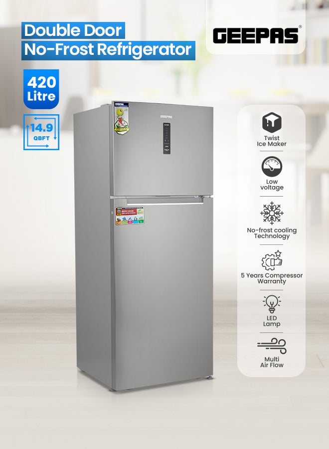 GEEPAS - Double Door No-Frost Refrigerator - 420L Gross Capacity (Freezer 95L/Refrigerator 325L), Multi-Airflow with Digital Temperature Control/ LED Interior Light and Unbreakable Glass Shelves/Large Crisper Drawer and Humidity Control 130 W GRF5202SXHN Silver - Image 1
