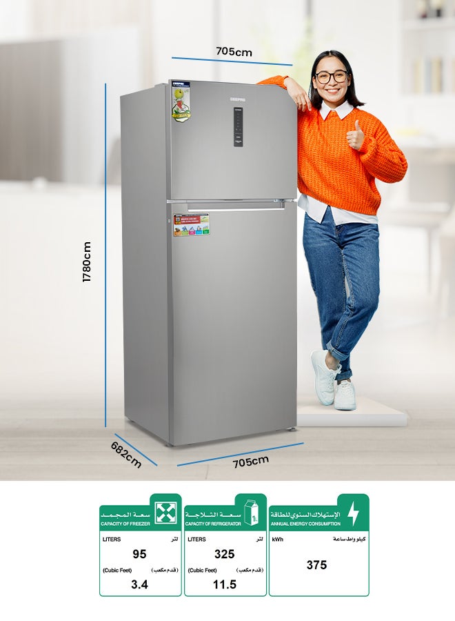 GEEPAS - Double Door No-Frost Refrigerator - 420L Gross Capacity (Freezer 95L/Refrigerator 325L), Multi-Airflow with Digital Temperature Control/ LED Interior Light and Unbreakable Glass Shelves/Large Crisper Drawer and Humidity Control 130 W GRF5202SXHN Silver - Image 1